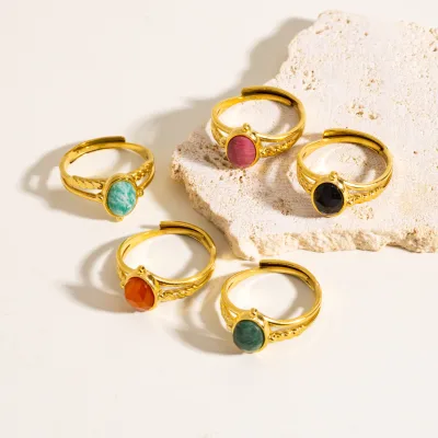 French-style Retro Oval-shaped Natural Stone Inlaid with Stainless Steel Open Ring - Luxurious and Fashionable Style Ring