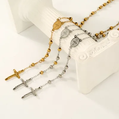Custom 6MM Stainless Steel Bead Gold Rosary Necklace Religious Jewelry 18K Gold Plated Virgin Mary Jesus Cross Necklace