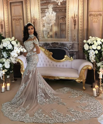 Sexy Long Sleeve High Neck Bridal Gown Wedding Dress
