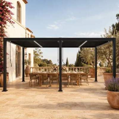 Windproof Manual Aluminum Pergola Separated Cut-off Main Beams Wood Grain Upgrade Hillside Villa Terrace Structure