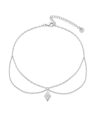Dainty Double Layer Anklet Gold Color Rhombus Cubic Zirconia Pendant Adjustable Extension Chain Women Foot Jewelry