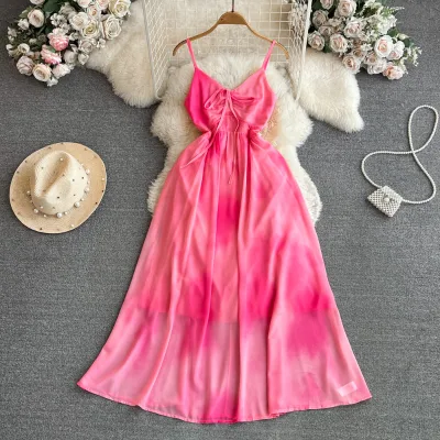 Customized Summer Fashion Waistband Slimming Mid Length halo Dyed pink Print Strap Dress for Seaside Vacation Beach Skirt