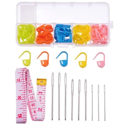 9 Pcs Stainless Steel Large Eye Blunt Sewing Needles with 60 Lock Markers Cloth Tape Measure Embroidery & Crochet Yarn Weaving