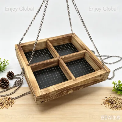 Rustic Wood Hanging Bird Feeder With 4 Compartments Removable Perforated Metal Tray Outdoor Garden Wild Bird Feeding Station