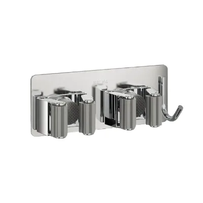 CUSTOM OEM Double Clip Mop Holder Wall Mount Space-Saving Stainless Steel Mop and Broom Holder with Hook Silver