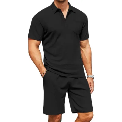 Summer Fashion Solid Color Slim Outfits Men's Polo T Shirt and Shorts 2 Gym Set