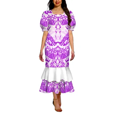 Women Custom Purple White Contrast Polynesian Symmetric Tribal Print Puff Short Sleeve Double Layer Ruffle Casual Formal Dress