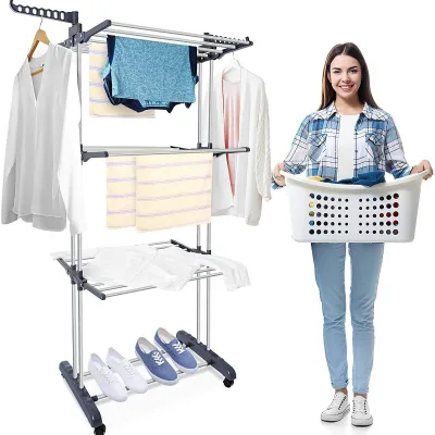RXZZ 3 Tier Layers Movable Cloth Drying Rack Space Saving Drying Rack Folding Floor-Standing Extendable Storage Organizer