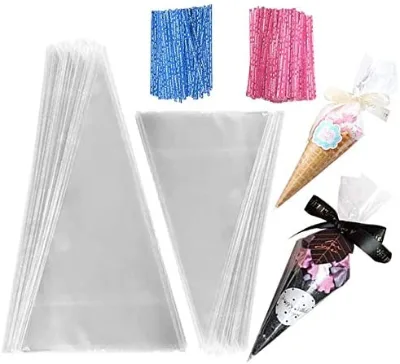 Clear Cellophane OPP Cone-Shaped Treat Bags with Twist Ties Plastic Pastry Triangle Bags for Popcorn & Candy Feature Security
