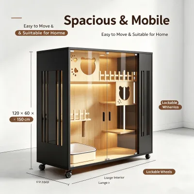 Indoor Large Cat Cage Villa Solid Wood Cat House With Transparent Glass Door Mobile Pulley Multi Layer Rest Play Space