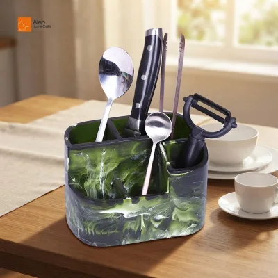 Aleo Handmade Resin Food Container Swirl Green Marble Texture Durable Leak-Proof Modern Rectangle Design Multifunction Tableware