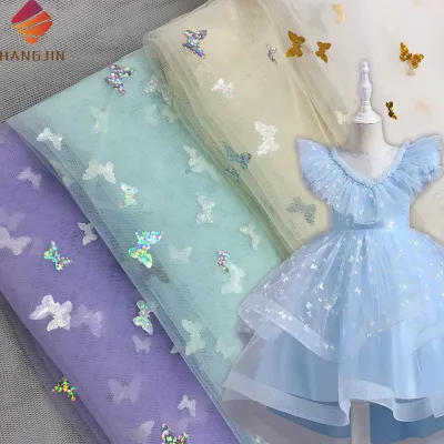 Multicolored Fairy Butterfly Glitter Print Lace Fabric Sequined Butterfly Overlay Tulle Lace Fabric for Girl Tutu Dress