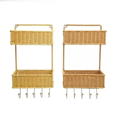 Double-layer Storage Rack for Bathroom and Toilet with Hooks Woven Basket for Storing Wall-mounted Storage Baskets
