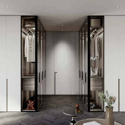 Modern Grey Glass-Front Wardrobe with LED Lighting Contemporary Bedroom Storage Cabinets with Oak Interior & Black Metal Frames