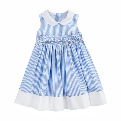 Striped Summer Girls Dress Breathable Anti-Wrinkle A-Line Knee-Length Elegant High Quality Smocked Contrasting White Collar Hem