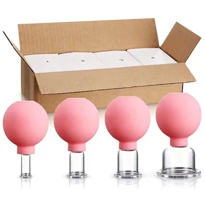 Jinke 4 Pieces Chinese Facial Glass Wet Cupping Therapy Set Silicone Vacuum Suction Cup Rubber Bulb Glass Cupping Cups