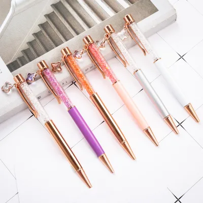 High Quality Healing Crystal Four Leaf Gold Liquid Glitter Floating Metal Ballpoint Pen With Custom Logo