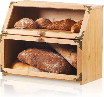 Double Layer Natural Bamboo Bread Box Transparent Visual Window Kitchen Countertop Bread Storage Bin Vintage Corner
