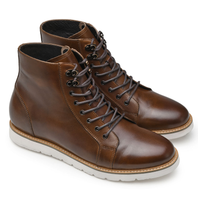 Wholesale Height Increasing Elevator Boots Brown Leather Boots 7CM / 2.76 Inches the Invisible Height Increasing Insole Design