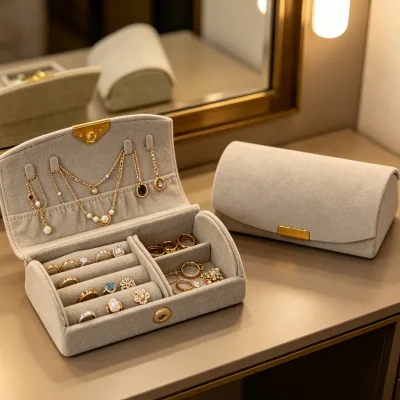 Mini Irregular Velvet Jewelry Travel Case 10.23.35cm 44g Portable 5 Ring Rolls 1 Storage Compartment Magnetic Closure