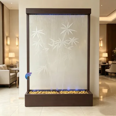 Modern Freestanding Glass Waterfall Screen With Bamboo Design LED Lighting Translucent Panel Indoor Feng Shui Feature