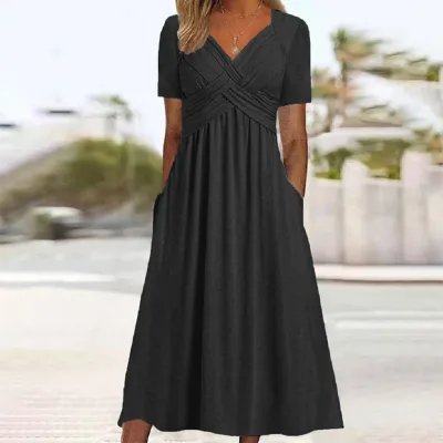 Summer New Seaside Style Dress Women's Clothing Short Sleeve Round Neck Beach Umbrella Skirt Solid Color