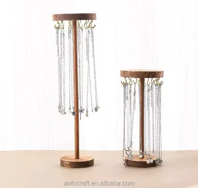 12 Metal Hook Jewelry Tree Stand 360°Rotating Wooden Necklace Display Tower Home Show Decorative Storage Boxes for Living Room