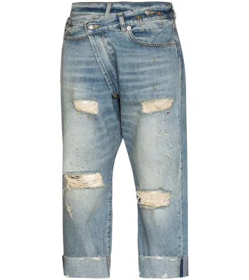 Fashion Girl Ladies Trendy Washed Loose Fit Cropped Jeans for Women Customized Crossover Distressed-finish High Waist Straight