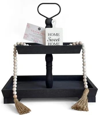 Layered Tray - 2 Layers Black Layered Tray, Farmhouse Layered Tray, Kitchen Decorative Tray Bracket with Beads (Black)