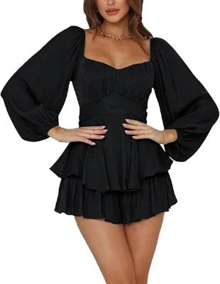 Women's Party Dress Factory's Oversized Cotton Mini Dress Square Collar Embroidery Sequins Lantern Sleeve XL Woven OEM Supply