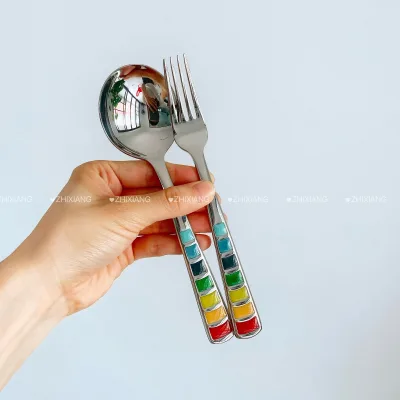 18/10 Stainless Steel High Quality Spoon and Fork with Rainbow Handle