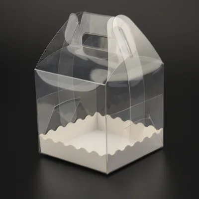 High Transparent PVC Handmade Craft Cake Macaron Handhold Takeaway Packaging Box Customizable Insert Paper Tray Stickers