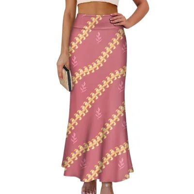 Customized High Quality Aloha Hawaiian Puakenikeni Printed High Waist Wrapped Hip Mermaid Skirt Maxi