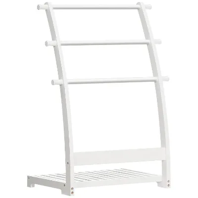 White Bamboo Blanket Rack, 3 Tier Standing Towel Holder, Drying and Display Rack with Shelf for Bedroom Living Room Bathroom