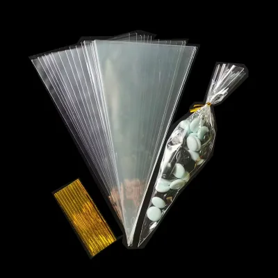 Wholesale Food Grade Cone Shape Plastic Cellophane Bag Popcorn Sleeve Food Sweet Pasrty Cone Bags
