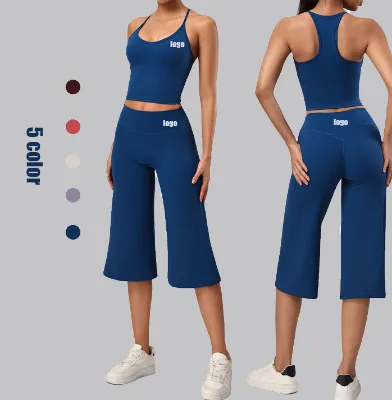 U Neck Racer Back Custom Yoga Set High Waist Hip Lift Women Yoga Set Wide Leg Capris Yoga Set