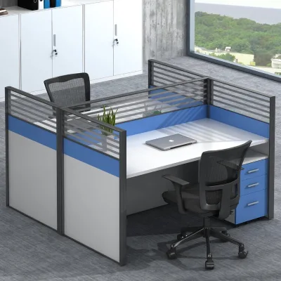 Trendy Hot Sale Modern Blue White Linear Partition Staff Desk Built-In Cable Hole Spacious Back-To-Back Straight Work Table