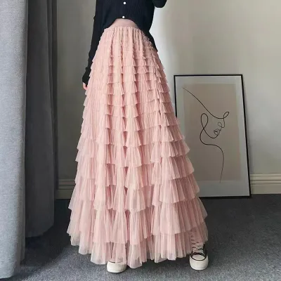 High Waist Ruffle Pleated Tiered Midi Flowy Pink Tulle Cake Skirts
