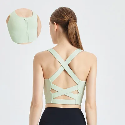 Women Shockproof Sexy Straps Sports Yoga Bra Ladies Outdoor Training Gym Top Nylon Spandex Front Zipper Exercise Wear Clothes