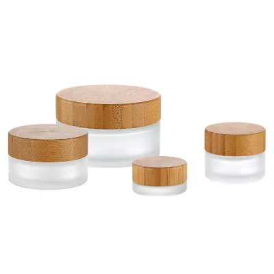 Eco-friendly Child-Proof Glass Cosmetic Jar with Bamboo Wood Lid 2 Oz Custom Logo Design Color Options Free Samples