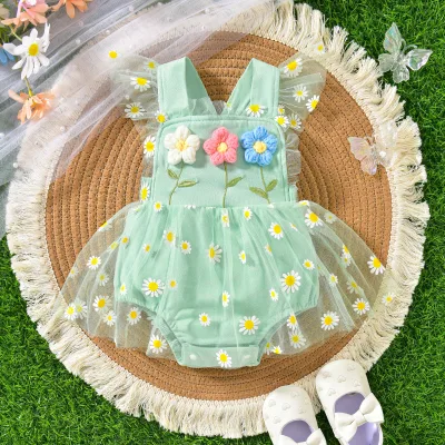 2026 Cute Straps Three Flowers Printed Stitching Mesh Button Closure Summer Jumpsuit Baby Girl Party Romper Dress Sleeveless