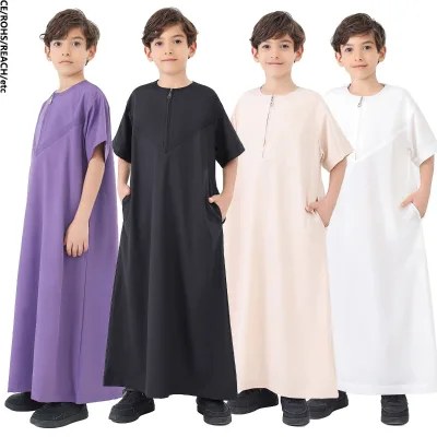 Pure Color Polyester Front Zipper Closure Side Pocket Short Sleeve Spring Summer Arabic Robe Boy Thobe