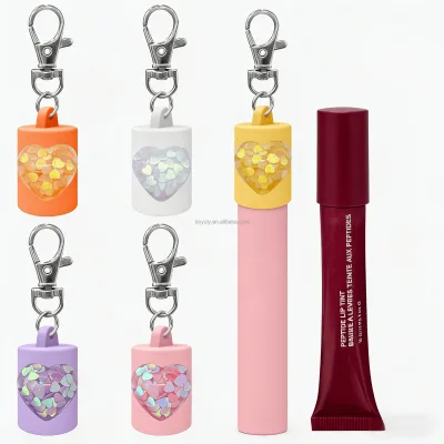 Glitter Heart Lip Gloss Holder Keychain Cap CLip Balm Cover Replacement Cap with Stopper Portable Lip Balm Fit for 0.35 0.5 oz