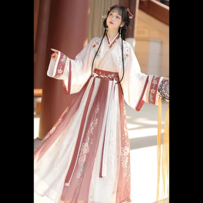 JEFFERY Authentic Jin-made Hanfu for Women Chinese Traditional Style Printed Cross-collar Waist-length Skirt Daily Costume