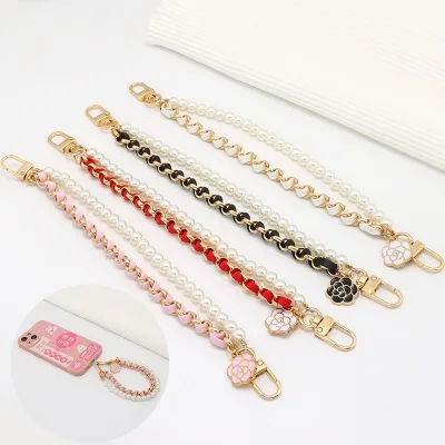 Mobile Phone Lanyard ABS PU Pearl Metal Chain Mobile Phone Dual Layer Carry Chain Decoration Custom