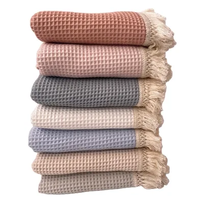 Solid Color Baby Cotton Throw Blanket Woven Waffle Baby Swaddle Blanket With Tassel Trim Baby Blanket Towel