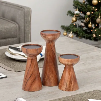 Customized Vintage Wooden Pillar Candle Holders Set for Home Decoration Including Christmas