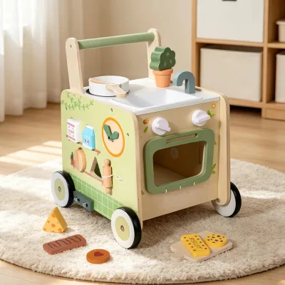 Green Early Education Childrens Wooden Kitchen Trolley Play Set Multifunctional Toddler Walker Educational Toy