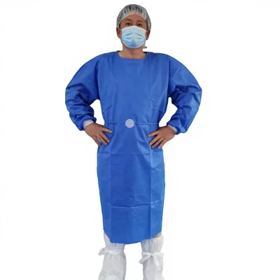 Disposable Blue SMS Isolation Gown EN13795-1 Level Knitted Cuff