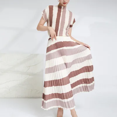 High Quality Ladies Suits Summer New Style Fashion Striped Chiffon Shirt Top and Long Pleated Skirt Two Piece Set Women Clothing